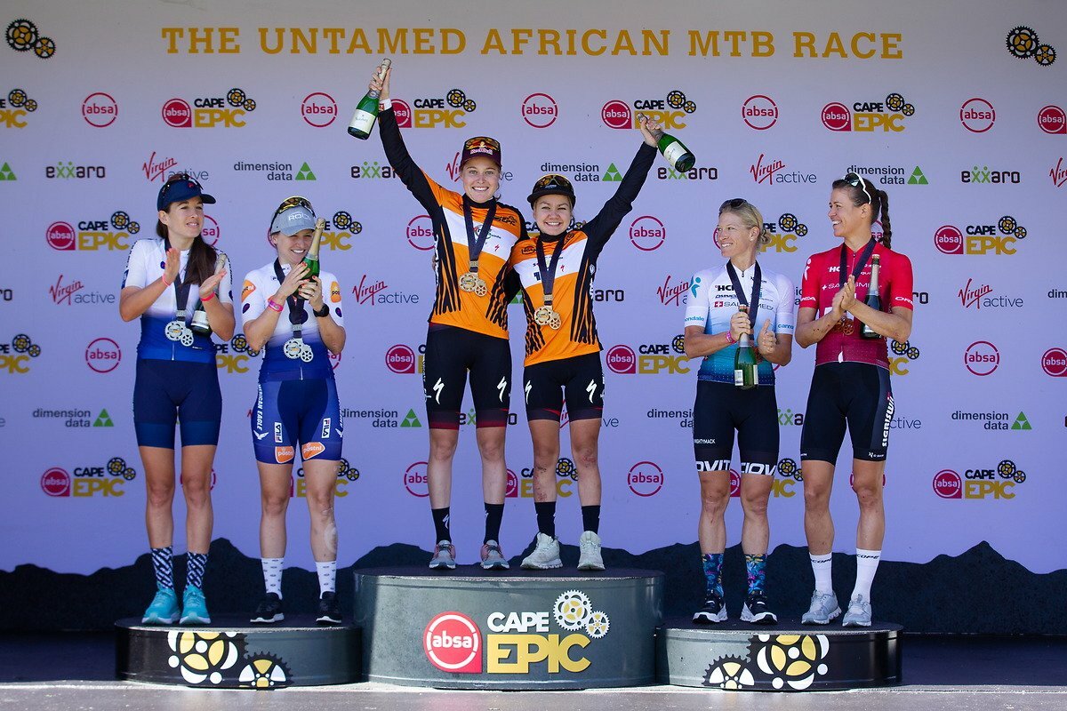 Laura Stigger and Sina Frei of 91-Songo-Specialized win stage 7 and the overall leaders Jersey of the 2021 Absa Cape Epic Nick Muzik.jpeg